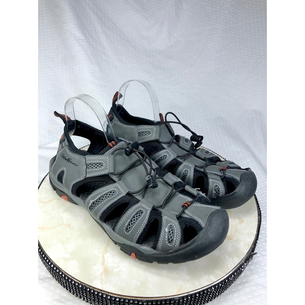 Eddie Bauer Troy Leather Sport Sandals Mens 12 Gray Bungee Hiking Outdoor Shoes